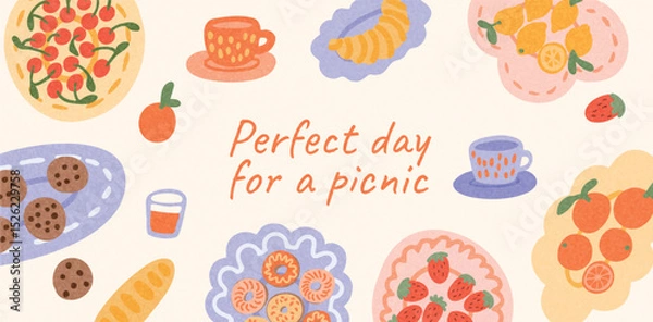 Obraz Picnic food and drinks on light background. Cherry tart, croissant, citrus fruits, cookies, tea cups, bread. Summer weekend lunch outdoors. Flat colorful vector illustration.