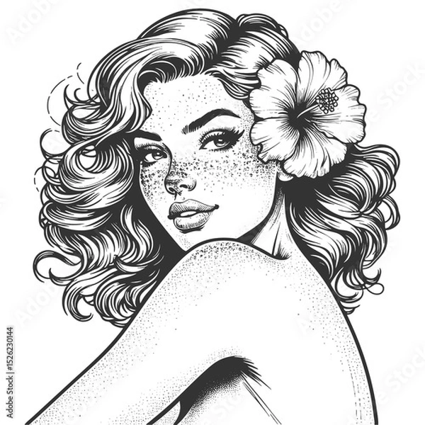 Fototapeta beautiful freckled woman with wavy hair and a hibiscus flower sketch engraving generative ai fictional character raster illustration. Scratch board imitation. Black and white image.