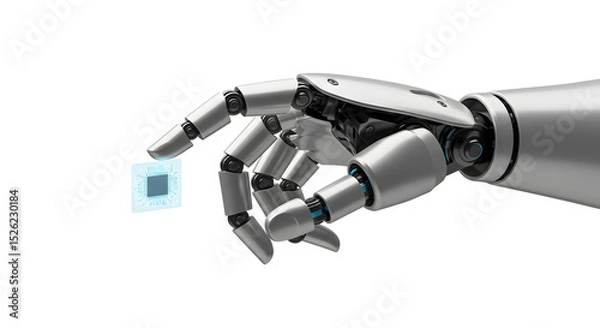 Fototapeta Robotic hand delicately holding a microchip, showcasing advanced technology and precision engineering.  