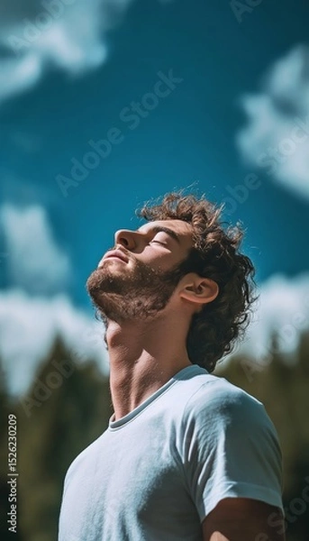 Fototapeta Young Man Enjoys Fresh Air, Eyes Closed in Deep Relaxation and Peace, Connecting with Nature