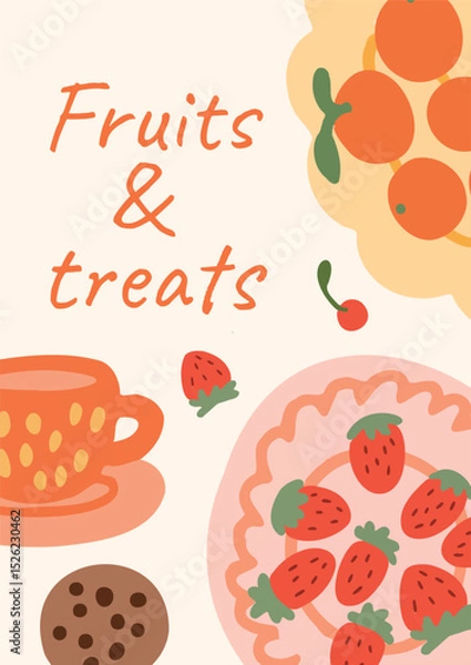 Obraz Strawberries in Bowl with Orange Fruits, Cookie and Cup of Tea. Fruit and Dessert Concept. Hand drawn doodle composition in flat vector style. For greeting card, menu, print.
