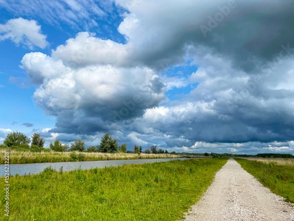 Obraz The edge of a canal in wetland in a cloudy sky in bright sunlight in springtime,  Oostvaardersplassen, Almere, Flevoland, Netherlands, June 07, 2025