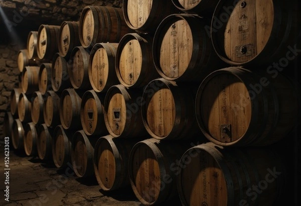 Obraz Stacked wine barrels in a rustic aging cellar, showcasing craftsmanship