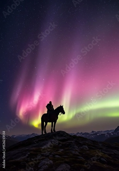Fototapeta Horse rider under a vibrant aurora
