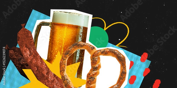 Fototapeta Conceptual art collage. Beer mug, crispy pretzel and sausage on abstract colorful background with shapes and stars. Magazine style. Concept of celebration event, traditional fest, party, drink