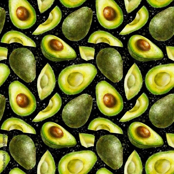 Fototapeta Black seamless pattern with watercolor half an avocado with a pit. Digital illustration. Digital paper.	