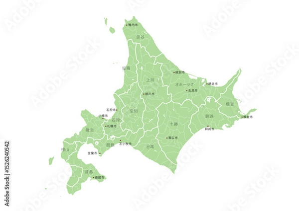 Fototapeta 日本の都市、北海道の都市名や行政区分付きの地図（市町村の地名や、行政区分の線付き）
