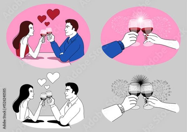 Obraz Romantic Couple Toasting with Wine, love, anniversary, and celebration vector illustration
