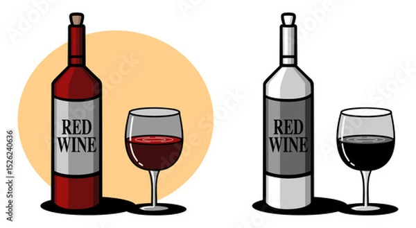 Obraz Red Wine Bottle and Glass Illustration, vector icon in color and monochrome