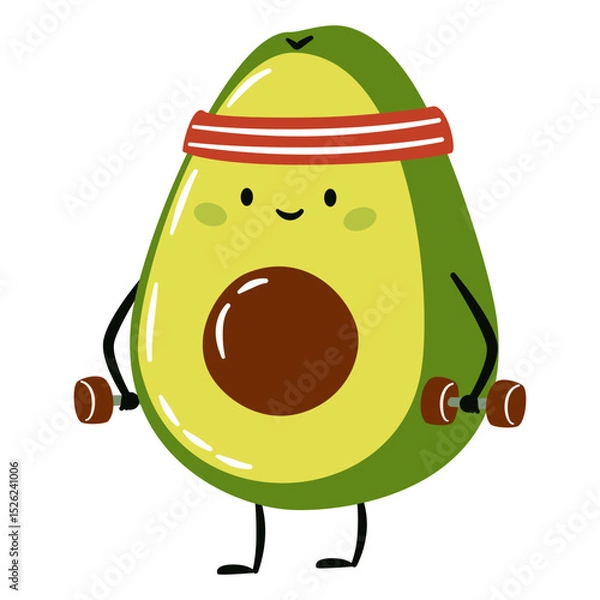 Obraz Cute avocado face avocado doing fitness with dumbbells. Flat vector illustration in simple child style . Vector illustration