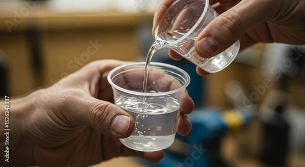 Fototapeta Close up of hands carefully pouring clear epoxy resin between two small plastic cups. DIY craft project preparation in a workshop, mixing liquid material for art or repair.