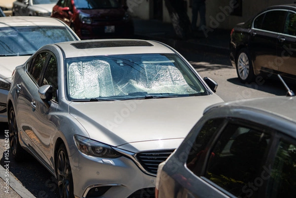 Fototapeta Protective reflective surface under the windshield of passenger car parked on the city street on hot day, heated by sun rays inside car. Sunshade, Heat protection, auto accessory concept