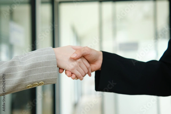 Fototapeta Partnership, teamwork and shaking hands for agreement, consulting or introduction in meeting