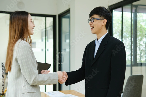 Obraz Partnership, teamwork and shaking hands for agreement, consulting or introduction in meeting