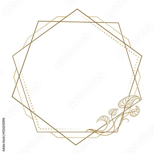 Fototapeta Double geometric polygonal frame with minimal ivy ornament. Stylish gold line vector for invitation cards, organic product labels, or design templates.