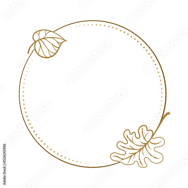 Fototapeta Autumn oak circle vector frame with double leaves monoline vector wreath for journaling, scrapbooking, and printable DIY cards
