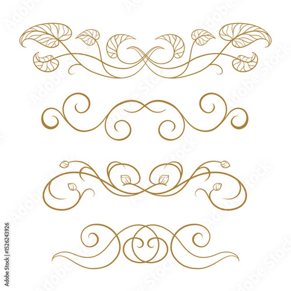 Fototapeta Elegant floral swirl dividers with ivy-style leaves. Vintage botanical line art for invitations and decorative layouts.