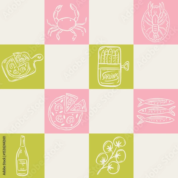 Fototapeta Whimsical hand drawn sea food seamless pattern in trendy whimsical style. Perfect  background for quirky italian wedding holiday, poster cards, dinner and bar menu, fabric, wrapping paper