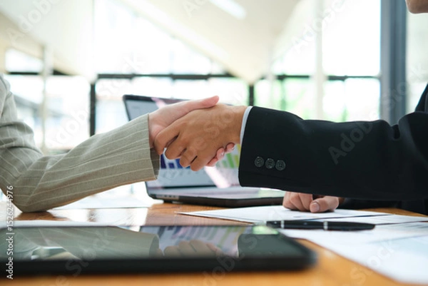 Obraz Partnership, teamwork and shaking hands for agreement, consulting or introduction in meeting