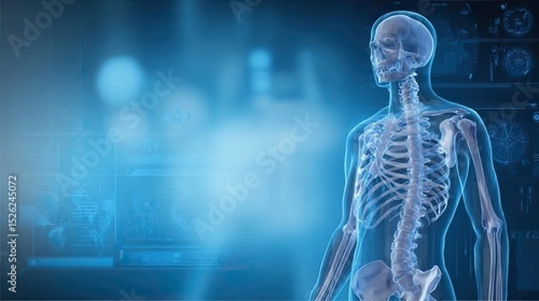 Obraz 3D medical visualization of a full male human skeleton with transparent body outline on a blue digital background, symbolizing advanced healthcare technology and anatomical research