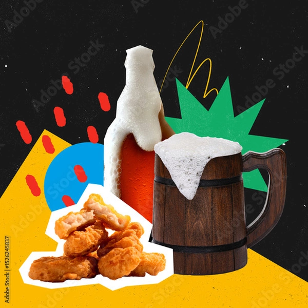 Fototapeta Conceptual art design. Wooden mug, foamy beer and nuggets on bright geometric background with bottle. Paper cut. Concept of fast food, traditional bar, beer fest, snack joy and festive moment.