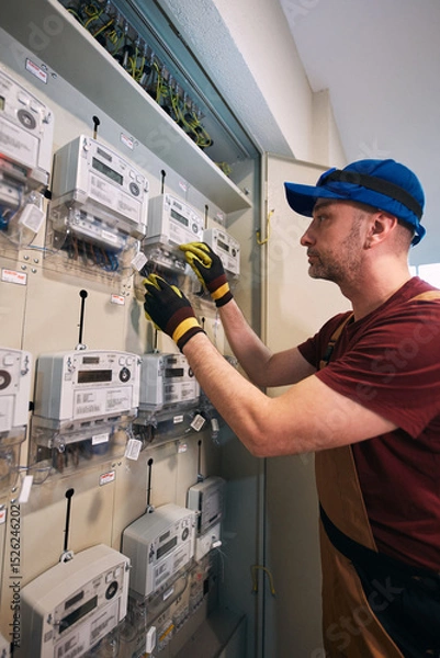 Fototapeta Electrician working on a modern electricity power meter station in a building.