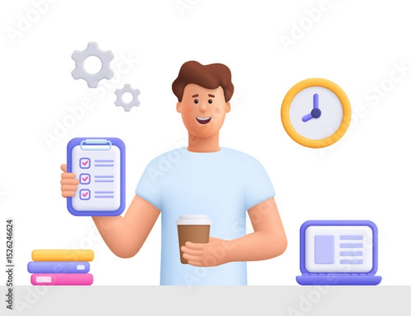 Obraz Young smiling man James freelance worker, working with laptop at home, holding coffee cup and file documents. Daily work routine. 3d vector people character. Cartoon minimal style.