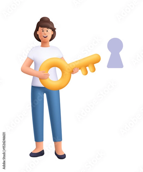 Obraz Young smiling woman Jane holding golden key near keyhole. Unlock business accessibility, success, solutions. Security, safety, protection concept. 3d vector people character. Cartoon minimal style.