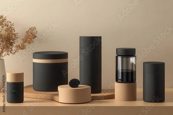 Fototapeta Elegant Product Mockup Featuring Black Containers and Neutral Tones for Branding