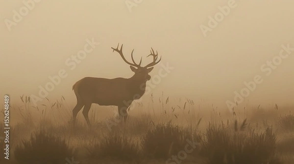 Fototapeta A red deer stag's silhouette emerges gracefully in the mist, creating a mysterious and enchanting scene. The mist shrouds the surroundings, adding an air of tranquility and allure