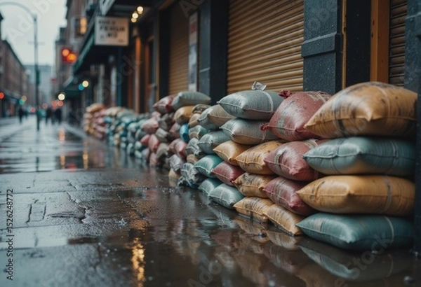 Obraz Sandbags blocking storefront during urban flood, protecting businesses from water damage