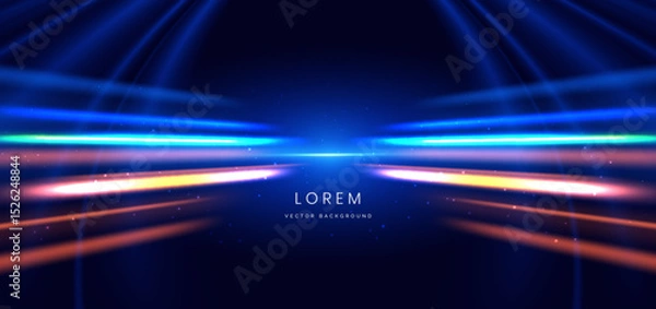Obraz Abstract futuristic glowing neon blue and orange ray. Hi speed motion moving concept on dark blue background.