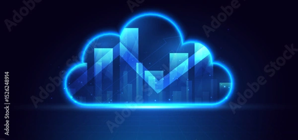 Obraz Arrow up finance chart stock market growth glowing light effect on dark blue background. Business investment concept.