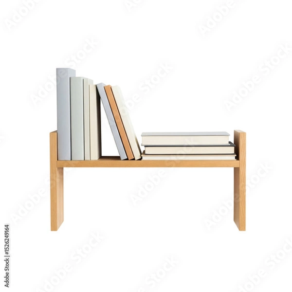 Fototapeta Minimal wooden bookshelf with stacked books, isolated on transparent background