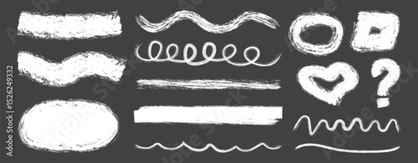 Obraz Set of chalk drawn grunge design elements abstract doodles. Chalk grunge brushes. Hand drawn grunge lines on chalkboard background can be used as art brushes. Vector illustration
