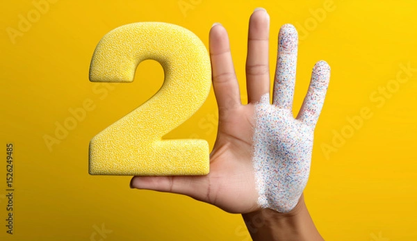 Obraz Hand showing number two – playful finger art on bright yellow background