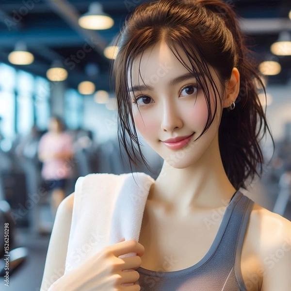 Fototapeta Fit Young Asian Woman in Gym Clothes Holding Towel After Workout for Healthy Lifestyle and Fitness Training Concept with Generative AI.
