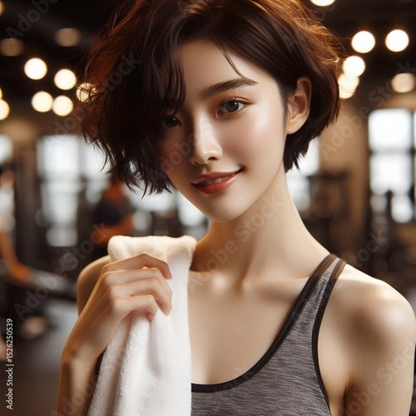 Fototapeta Fit Young Asian Woman in Gym Clothes Holding Towel After Workout for Healthy Lifestyle and Fitness Training Concept with Generative AI.