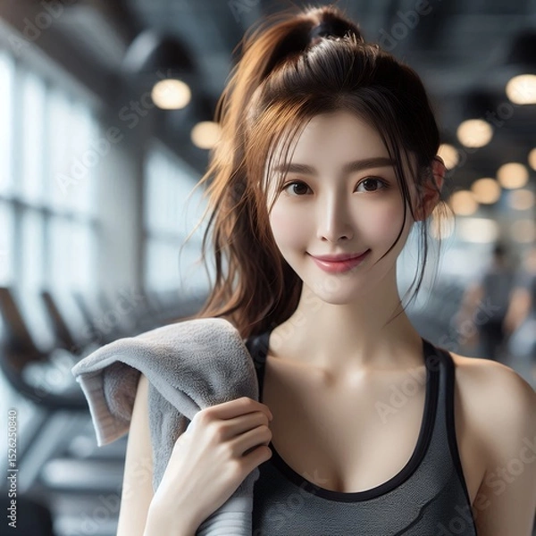 Fototapeta Fit Young Asian Woman in Gym Clothes Holding Towel After Workout for Healthy Lifestyle and Fitness Training Concept with Generative AI.