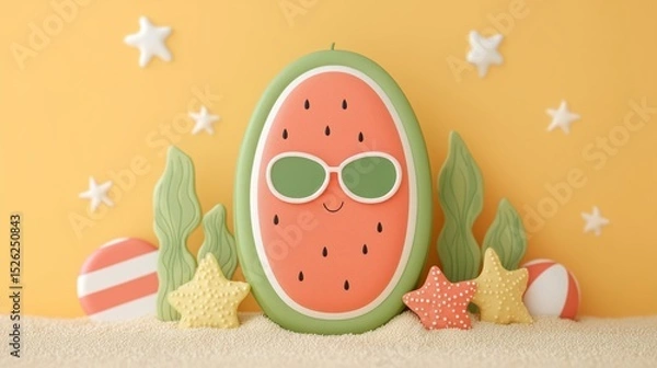 Fototapeta Cute Watermelon Character with Beach Elements