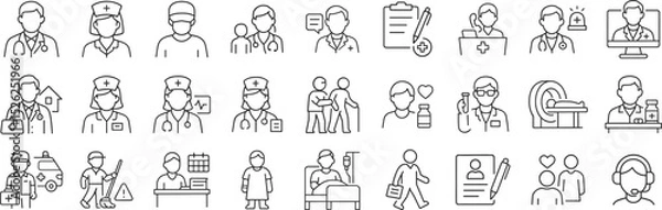 Fototapeta Healthcare professional line icons featuring doctors, nurses, patients, and medical services outline vector illustration set. Includes consultation, diagnostics, emergency care and telemedicine.
