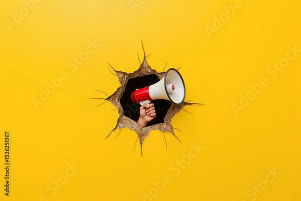 Obraz Hand Holding Megaphone Emerging from Hole in Yellow Wall