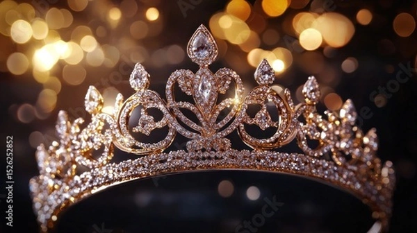 Fototapeta A Sparkling Golden Tiara Adorned with Diamonds, Set Against a Shimmering Gold Background