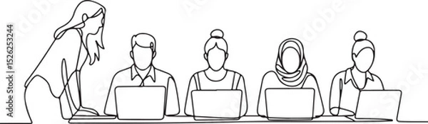 Fototapeta Continuous single line drawing of five people working on laptops at a shared desk in a modern minimalist office workspace

