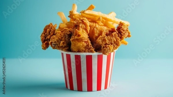 Fototapeta pizza and crisp, golden-brown fried chicken piled high in a sleek, pure check bucket, accompanied by perfectly seasoned French fries 