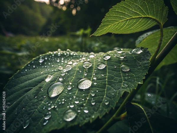 Obraz Rain-Soaked Green Leaf with Water Droplets (Macro)