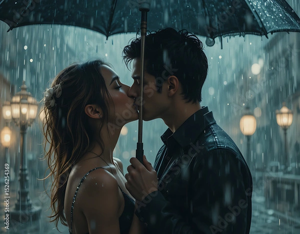 Obraz Romantic Couple Kissing Under the Rain with Hidden Faces