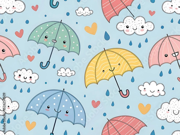 Obraz Cute Rainy Season Seamless Pattern with Umbrellas and Raindrops