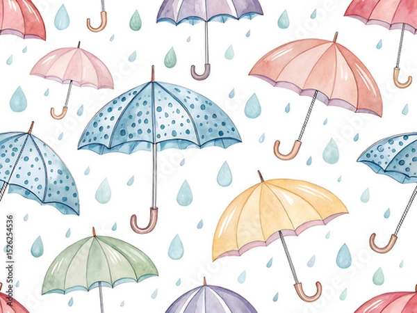 Obraz Seamless Watercolor Umbrellas with Raindrops Pattern
