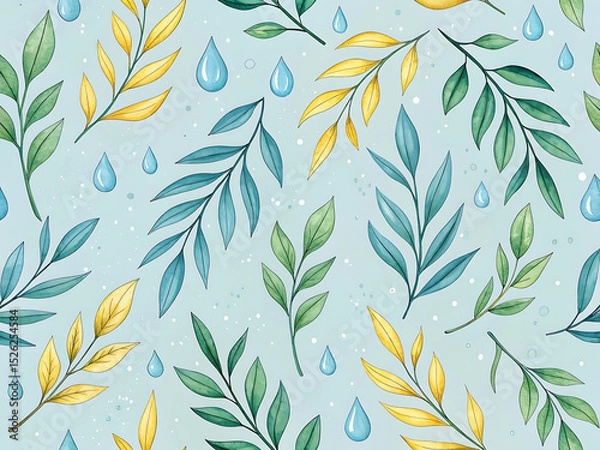 Obraz Watercolor Seamless Leaves with Rain Droplets Pattern